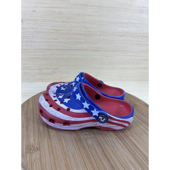 Crocs Classic American Flag Red White Blue Comfort Clogs Childrens Size 13 - Picture 1 of 8